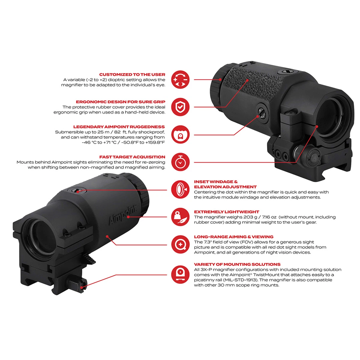 Aimpoint® 3X-P™ Magnifier w/ 39 mm FlipMount™ & TwistMount™